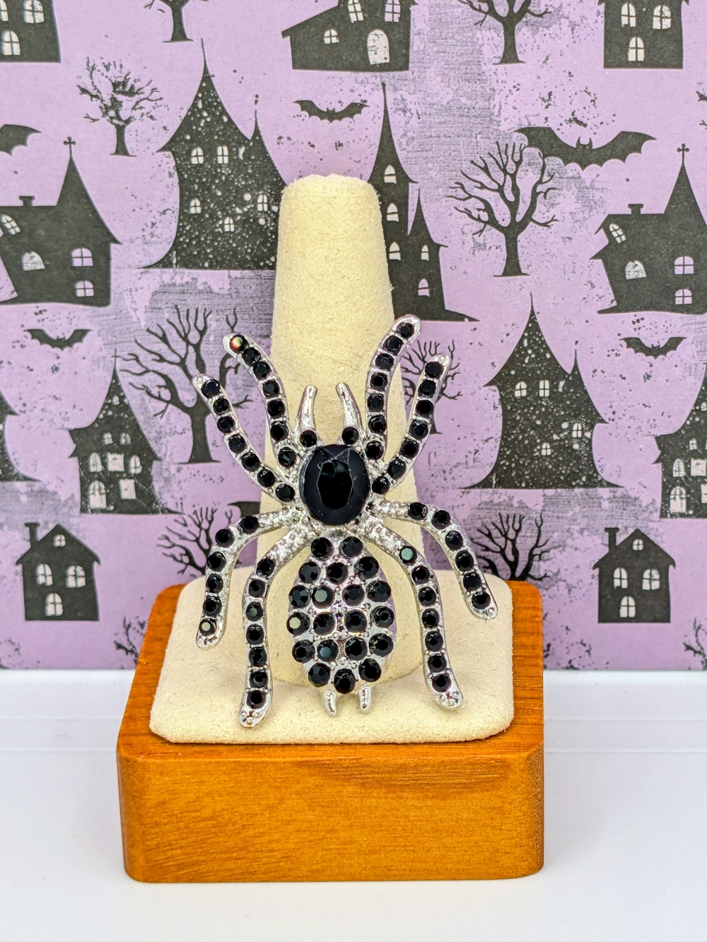 Metal Silver Tone Spider Brooch with Black Rhinestones